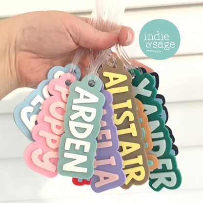 Super cute personalised double laid acrylic bag tags the perfect addition to your little person’s possessions and a wonderful gift or party favour idea.