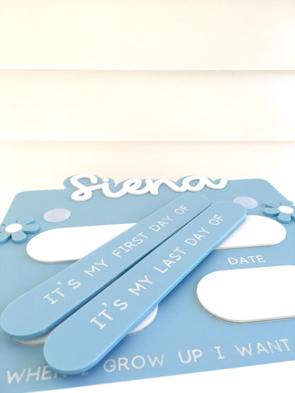 First Day and Last Day of School Sign - Personalised Acrylic Flower Design Blue