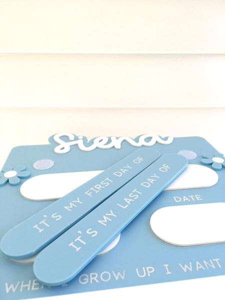 First Day and Last Day of School Sign - Personalised Acrylic Flower Design Blue