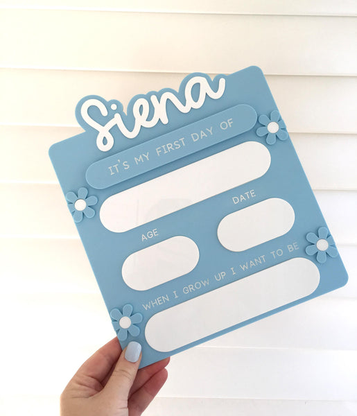 First Day and Last Day of School Sign - Personalised Acrylic Flower Design Blue