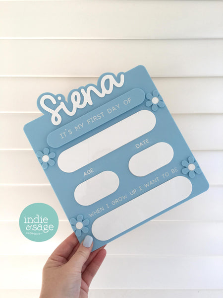 First Day and Last Day of School Sign - Personalised Acrylic Flower Design Blue