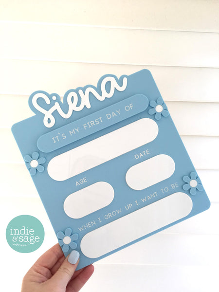First Day and Last Day of School Sign - Personalised Acrylic Flower Design Blue