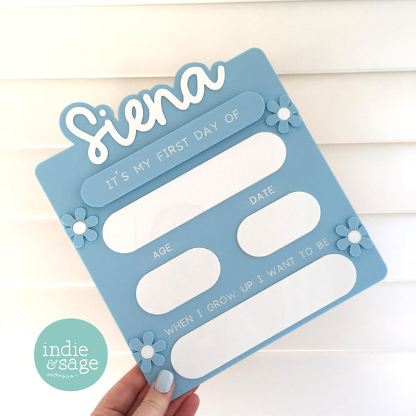 First Day and Last Day of School Sign - Personalised Acrylic Flower Design Blue