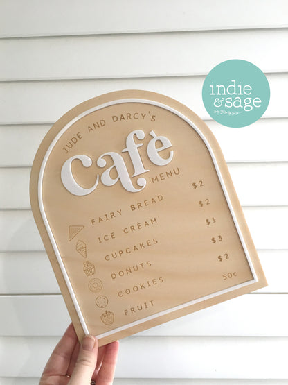 Personalised Kids Café Menu & Drinks Menu – Play Kitchen / Cubby House Pretend Play Sign