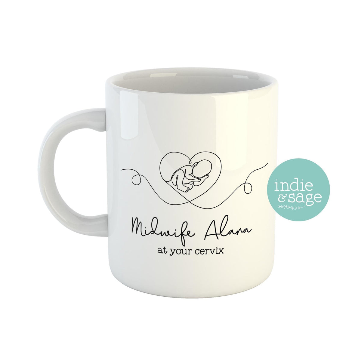 Funny personalised midwife mug with name and line drawing design