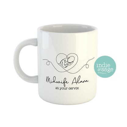 Funny personalised midwife mug with name and line drawing design
