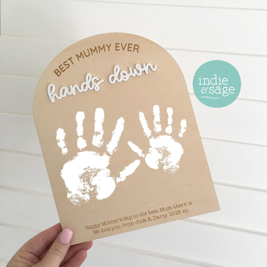 Personalised handprint plaque for Mum or Grandparent with engraved message, wooden Mother’s Day keepsake with child handprint space