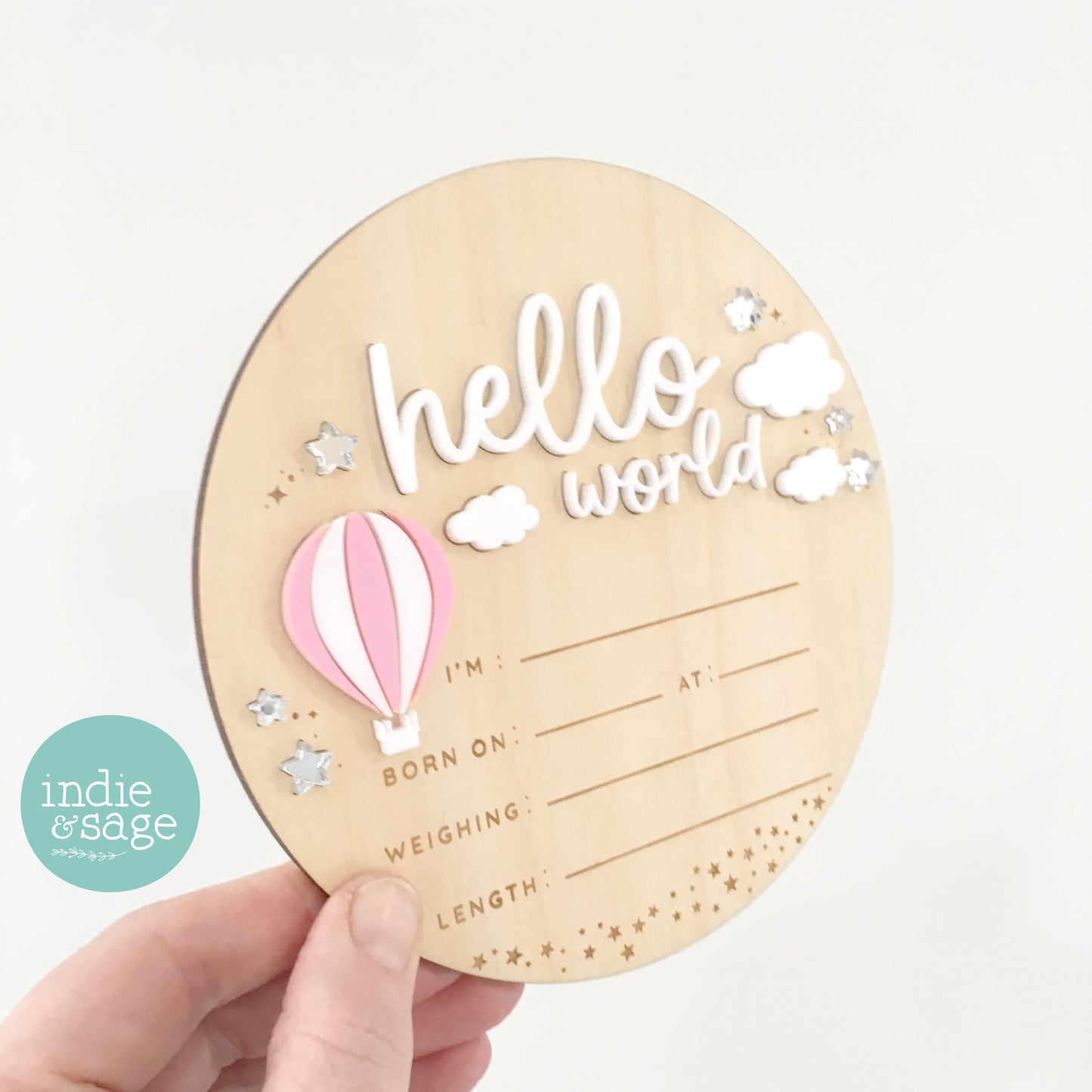 Hello World Birth Announcement Plaque – Pink Baby Girl Sign – Newborn Photo Prop – Hot Air Balloon