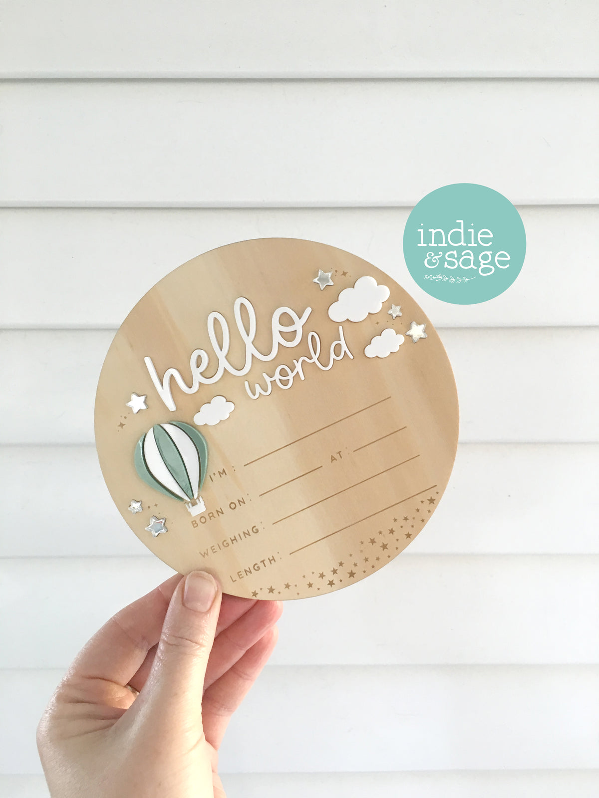 Baby birth details plaque with mirror acrylic stars sage design