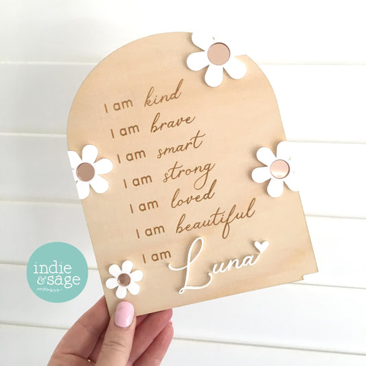 Personalised daily affirmation plaque for girls with pink floral design, positive affirmations sign for kids bedroom decor