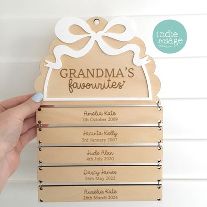 Personalised family birthday name sign with custom initial and children names, keepsake plaque for Mum or Grandma