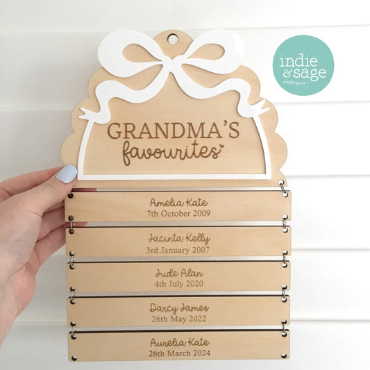 Personalised family birthday name sign with custom initial and children names, keepsake plaque for Mum or Grandma
