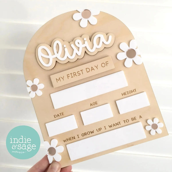 Personalised first and last day of school board with rose gold floral design, reusable milestone board for school photos