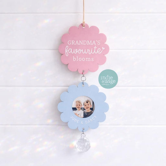 Personalised Grandma photo wall hanging with flower design and crystal suncatcher reflecting soft rainbow