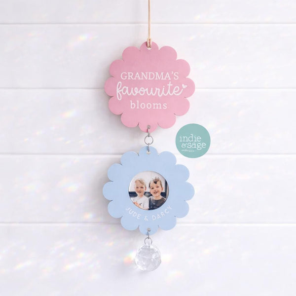 Personalised Grandma photo wall hanging with flower design and crystal suncatcher reflecting soft rainbow