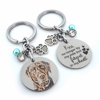 Front and back view of a personalised pet memorial keychain showing a custom engraved dog portrait on one side and a meaningful memorial quote on the reverse.