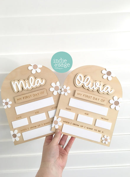 Personalised First & Last Day of School Board, White & Rose Gold Floral, Interchangeable Name Sign
