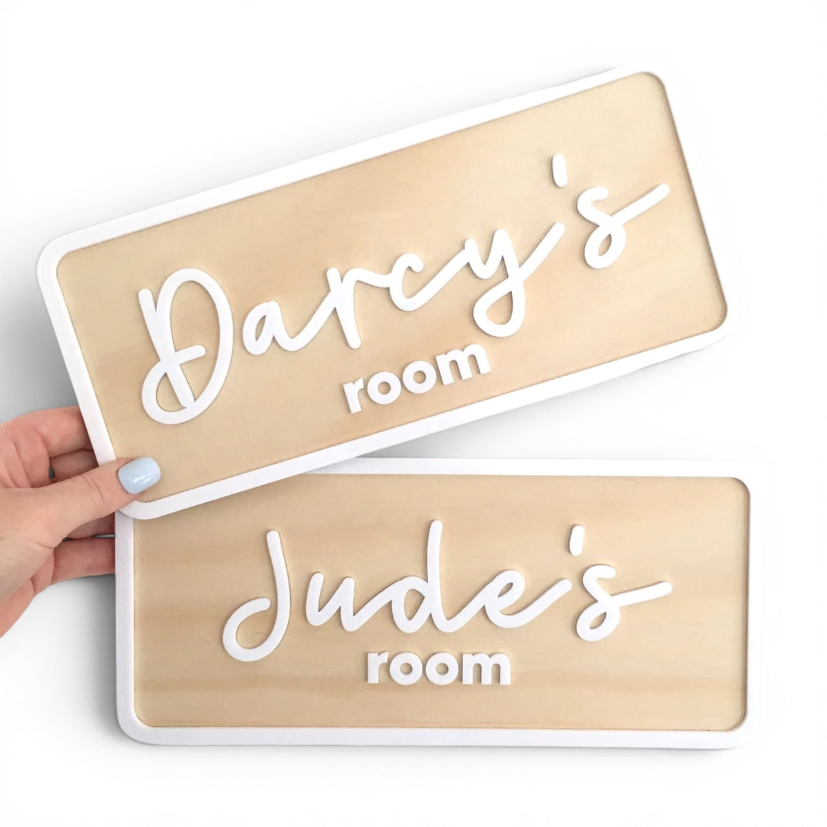 Personalised timber and acrylic bedroom door name sign for kids room. Modern layered 3D timber and acrylic personalised name sign designed for bedroom doors, nurseries and playrooms.