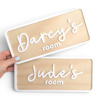 Personalised timber and acrylic bedroom door name sign for kids room. Modern layered 3D timber and acrylic personalised name sign designed for bedroom doors, nurseries and playrooms.