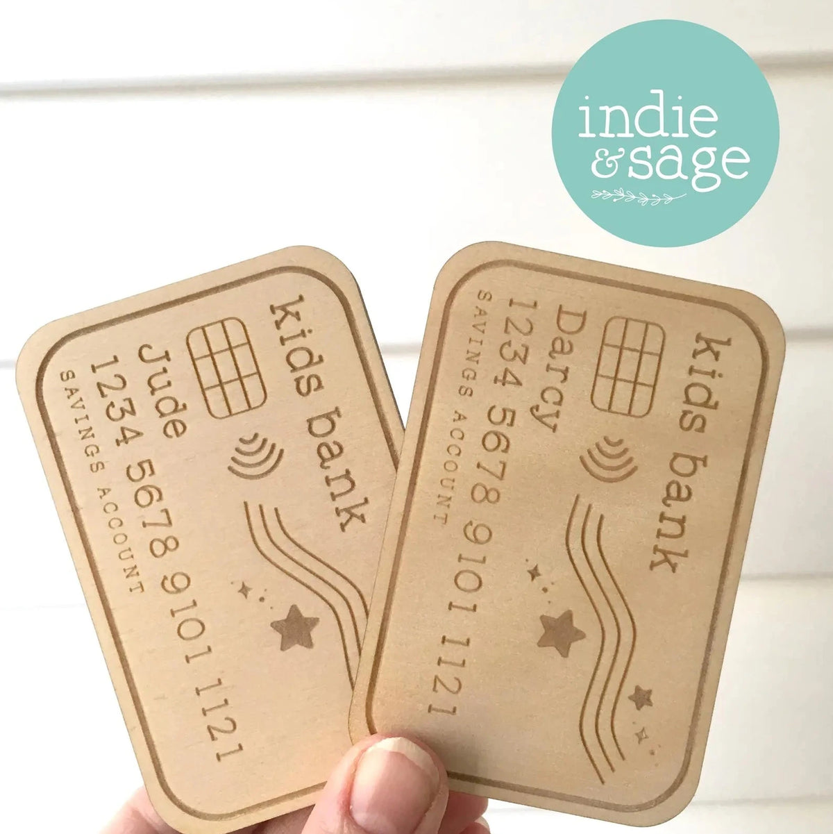 Personalised wooden EFTPOS card for kids play kitchen with engraved name. Matching cafe menu and signs available.