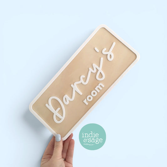 Custom acrylic and timber kids bedroom sign handmade in Australia. Handmade personalised bedroom door sign featuring layered acrylic lettering on natural timber backing.