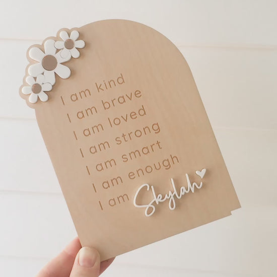 Stunning daily affirmation chart for little girls featuring the words, I am kind, I am brave, I am loved, I am strong, I am smart, I am enough, I am (personalised with their name). Beautiful personalised gift idea.