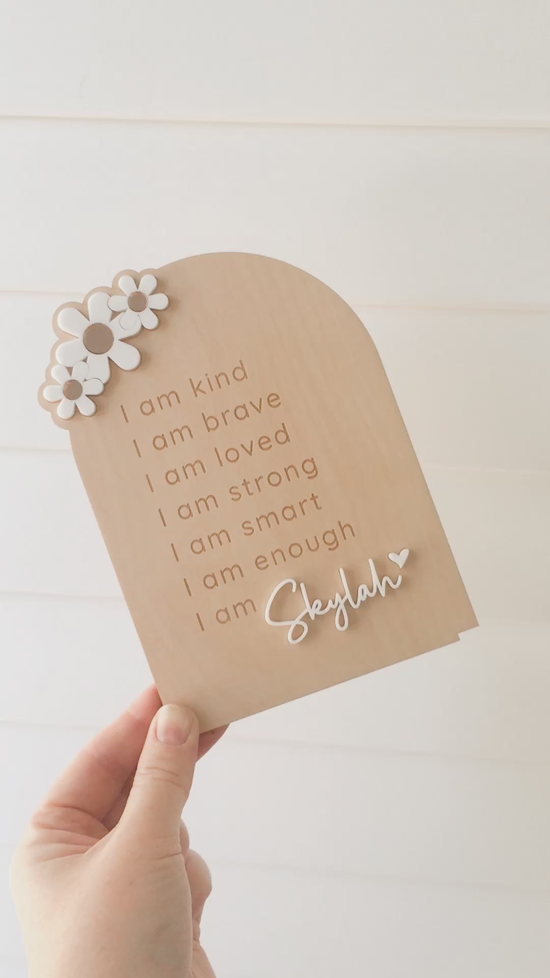 Stunning daily affirmation chart for little girls featuring the words, I am kind, I am brave, I am loved, I am strong, I am smart, I am enough, I am (personalised with their name). Beautiful personalised gift idea.