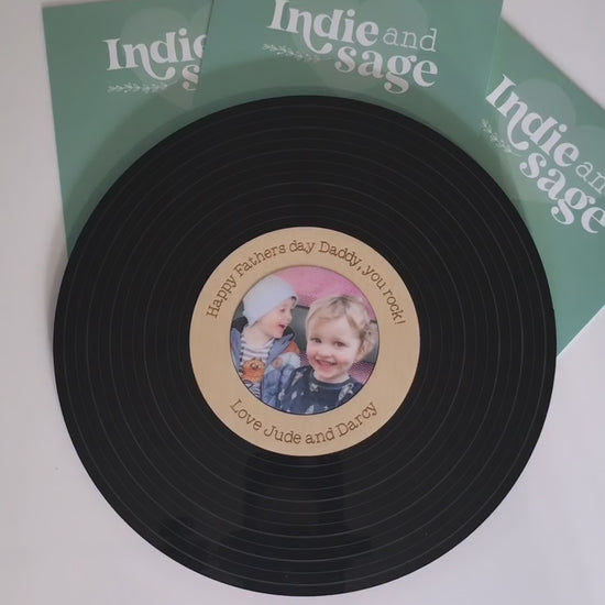 Personalised Vinyl Record featuring your engraved message, chosen photograph and the option to tap the piece to be taken to a audio or video message! A fantastic, unique personalised gift idea for your special person. #personalisedgifts #personalisedgiftideas #personalisedvinyl #fathersdaygifts #uniqueanniversarygifts #fathersday
