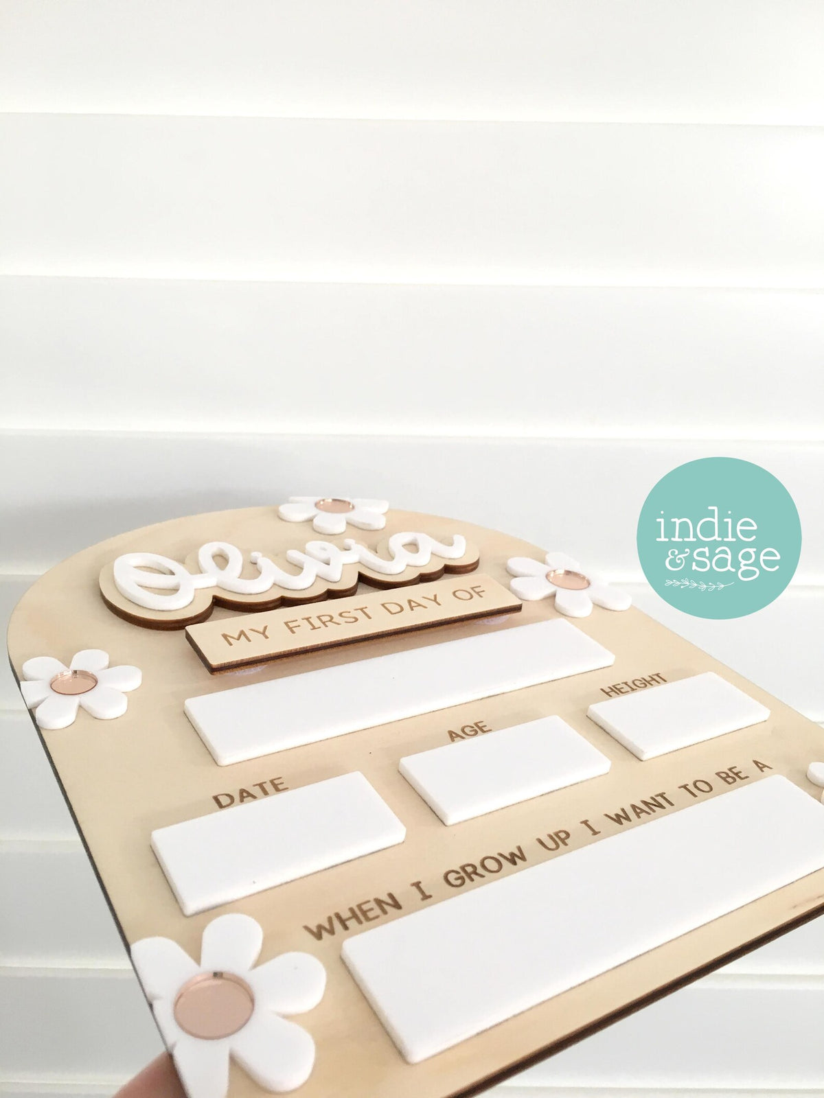 Personalised First & Last Day of School Board, White & Rose Gold Floral, Interchangeable Name Sign