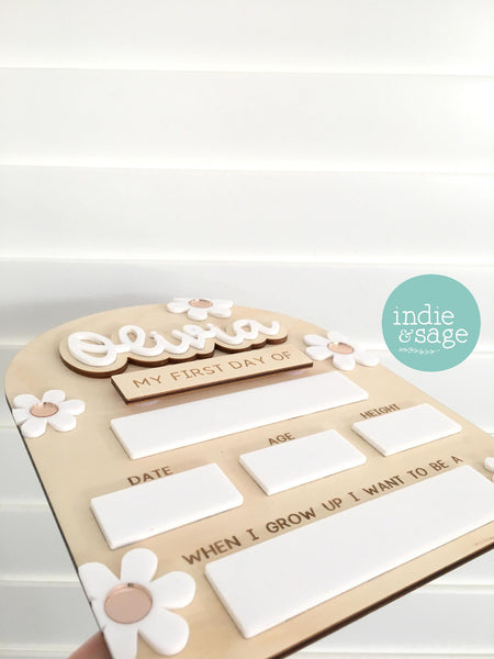 Personalised First & Last Day of School Board, White & Rose Gold Floral, Interchangeable Name Sign