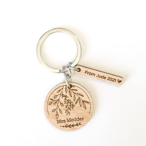 Personalised Wooden Teacher Keyring (floral design) - Gift from Student, Gift For Teacher
