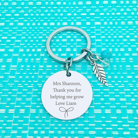 Thank You For Helping Me Grow Personalised Keyring, Bow Design (Personalised Teacher Gift, End of Year Gift, Gift for Teacher)