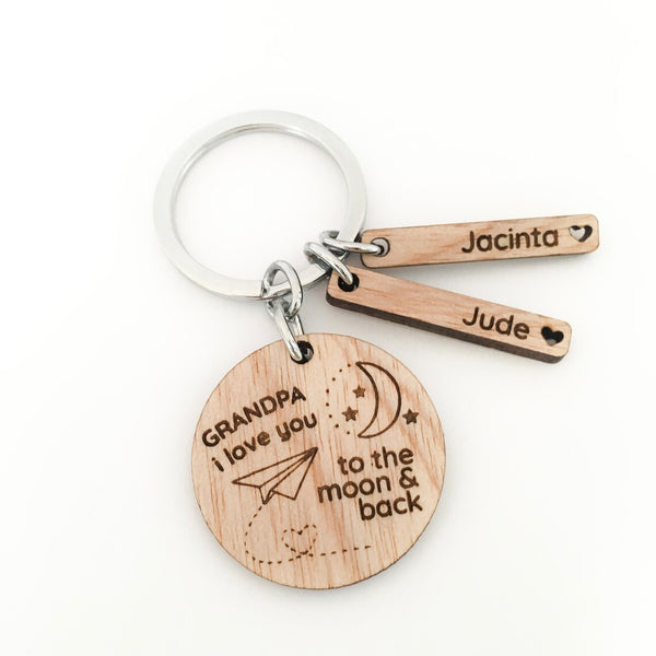We love you to the moon and back personalised wooden keyring (dedicate to any name you like)