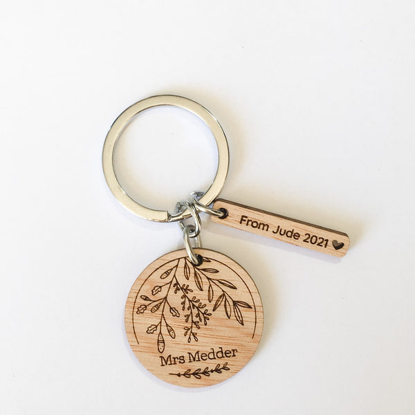Personalised Wooden Teacher Keyring (floral design) - Gift from Student, Gift For Teacher