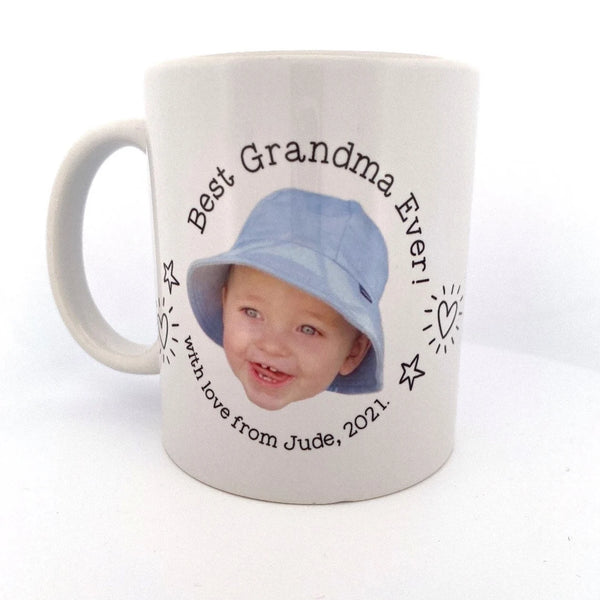 Best Grandma Ever! Personalised Photo Mug, personalised with your message and photo! (Baby Face Photo Mug)