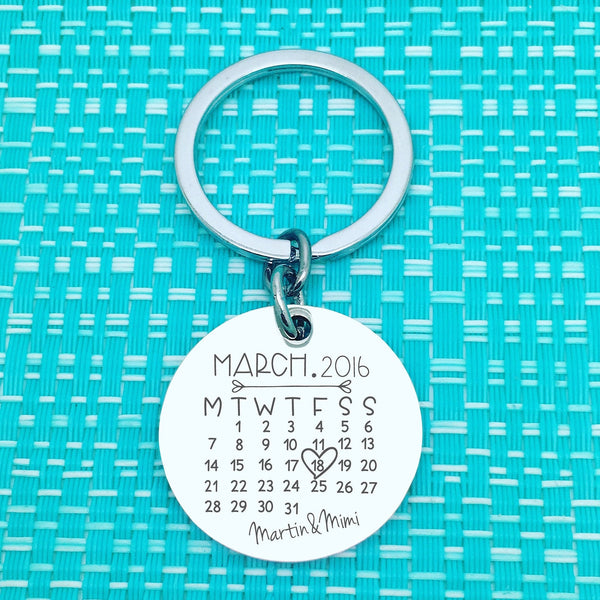 Personalised Calendar Anniversary keyring , circle shape (choose your month and year)