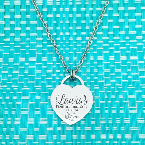 First Communion Personalised Heart Shaped Necklace (Communion Gift, Gift for Girl)