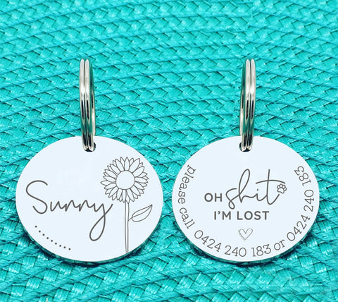 Custom Engraved Double Sided Pet Name Tag (Personalised ID tag) - 'Sunny' Oh shit I'm lost design
