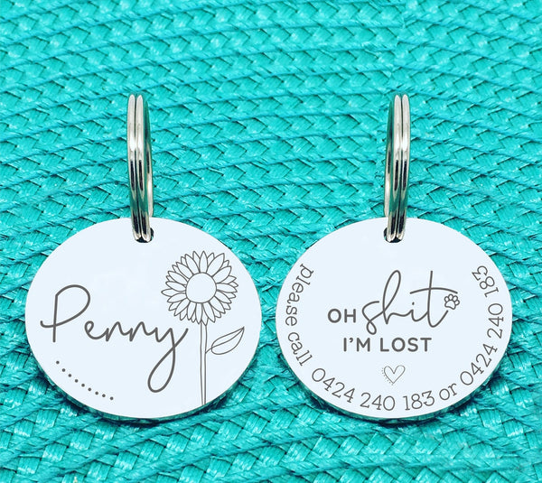 Custom Engraved Double Sided Pet Name Tag (Personalised ID tag) - 'Sunny' Oh shit I'm lost design