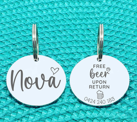 Custom Engraved Double Sided Pet Name Tag (Personalised ID tag) - 'Nova' Free beer on return design