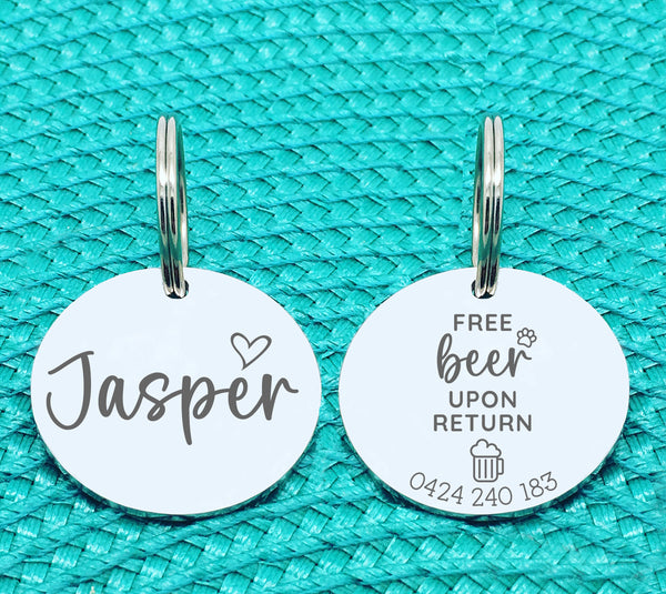 Custom Engraved Double Sided Pet Name Tag (Personalised ID tag) - 'Nova' Free beer on return design