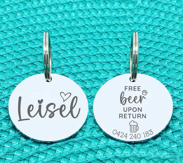 Custom Engraved Double Sided Pet Name Tag (Personalised ID tag) - 'Nova' Free beer on return design