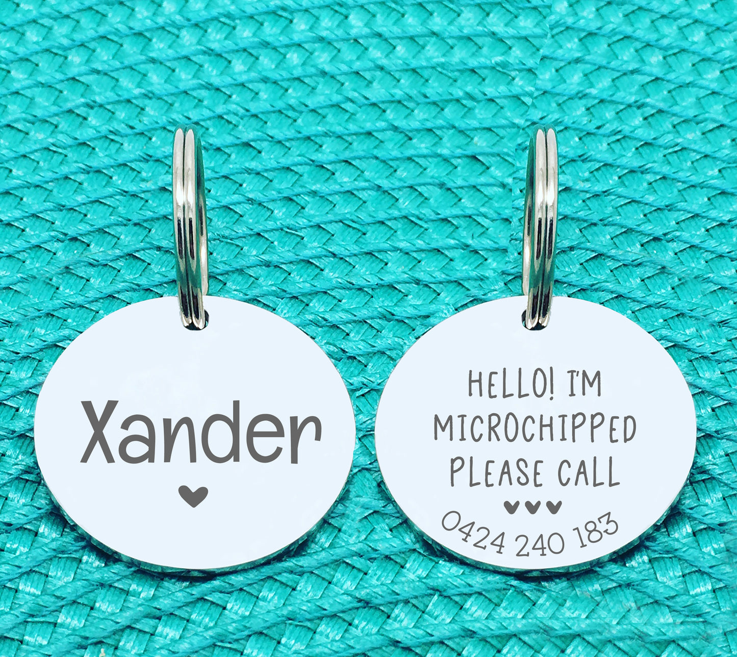 Custom Engraved Double Sided Pet Name Tag (Personalised ID tag) - 'Xander' Hello I'm microchipped please call design