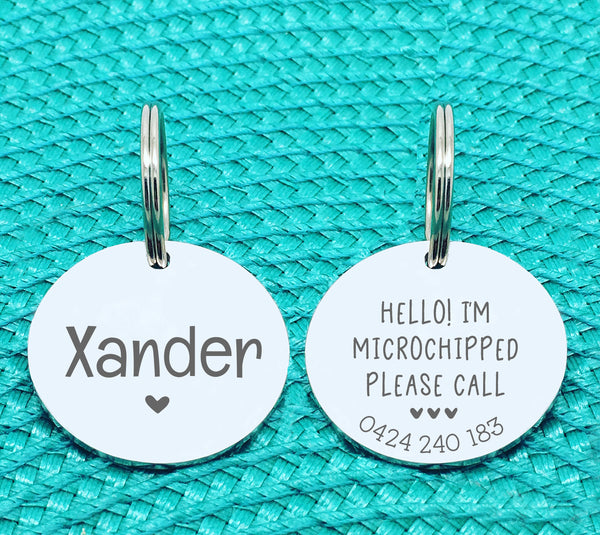 Custom Engraved Double Sided Pet Name Tag (Personalised ID tag) - 'Xander' Hello I'm microchipped please call design