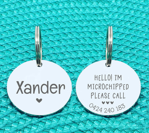 Custom Engraved Double Sided Pet Name Tag (Personalised ID tag) - 'Xander' Hello I'm microchipped please call design