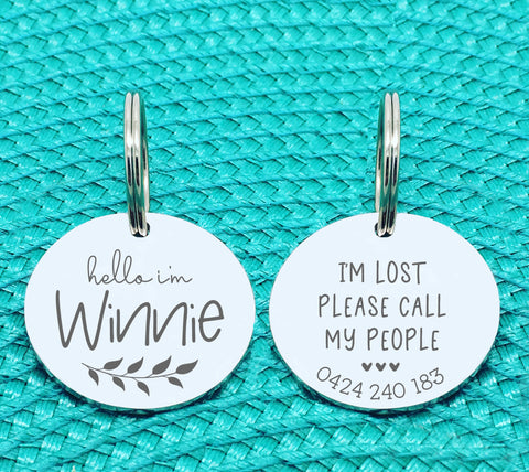 Custom Engraved Double Sided Pet Name Tag (Personalised ID tag) - 'Winnie' I'm lost please call my people design