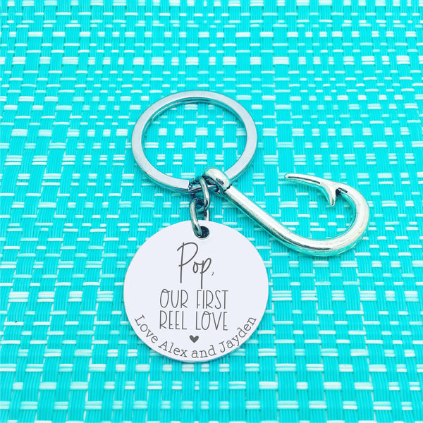 Dad, My First Reel Love Personalised Keyring (change Dad to a name of your choosing)
