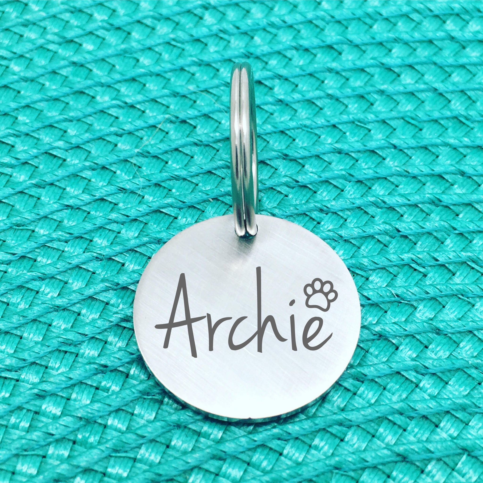 Matte Finish Personalised Pet Tag Archie Design with Paw Print Image (Personalised Dog Tag / Personalised Cat Tag)