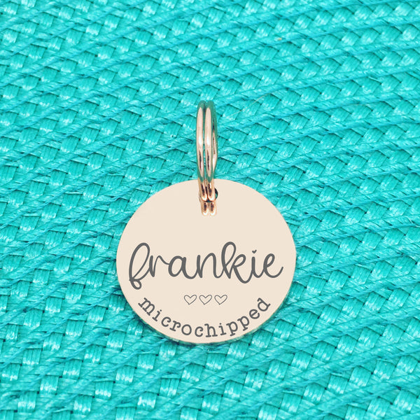 Rose Gold Personalised Dog Tag, Frankie Microchipped Design with Heart Image (Personalised Dog Tag / Personalised Cat Tag)