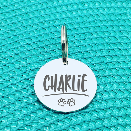 Personalised Pet Tag, Charlie Design With Paw Prints (Personalised Dog Tag / Personalised Cat Tag)